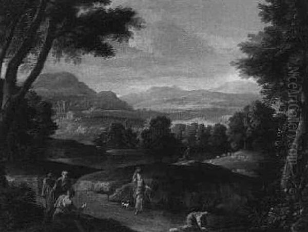 A Mountainous River Landscape With A Washerwoman And Peasants On A Path, A Castle Beyond - view 1