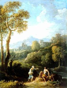 A Mountainous River Landscape With Travellers Conversing On A Path