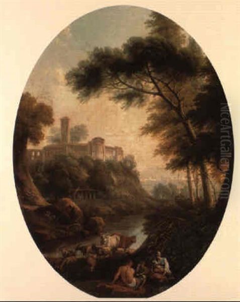 An Italianate River Landscape With A Peasant Family And Cattle At Rest - view 1