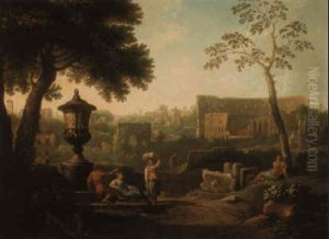 A View Of Rome With The Colosseum And The Arch Of Constantine by Jan Frans van Bloemen