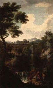 Shepherds By A Torrent With Mansion On Hilltop And Bridge Beyond