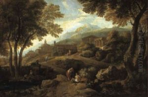 Arcadian Landscape With A Ruined Temple, Hillside Town And Figures