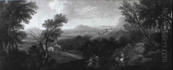 An Extensive Italianate Landscape With Peasants On A Track - view 1
