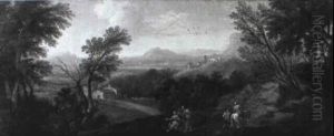 An Extensive Italianate Landscape With Peasants On A Track by Jan Frans van Bloemen