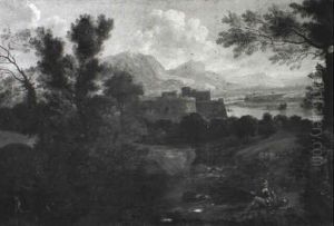 Bjerglandskab Med Borg Og Flod, I Forgrunden Mand Der Fisker by Jan Frans van Bloemen