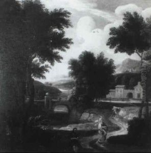 An Italianate River Landscape With Figures On A Track An Italianate River Landscape With Figures On A Track