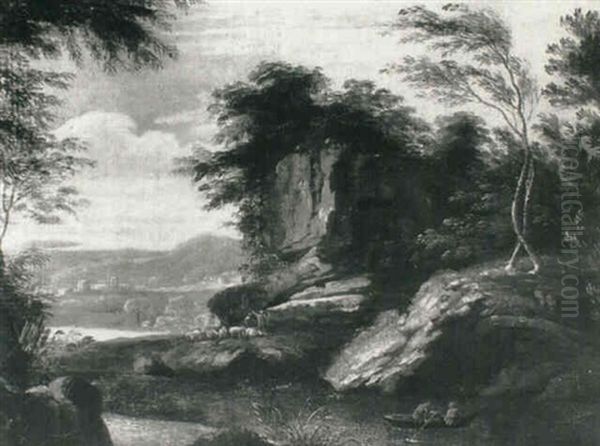 A Rocky Italianate Landscape With Shepherds And Sheep On A Bank - view 1