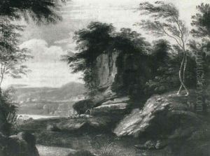 A Rocky Italianate Landscape With Shepherds And Sheep On A Bank by Jan Frans van Bloemen