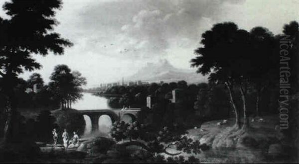 An Extensive Italianate River Landscape With Peasants And Travellers - view 1