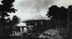 An Extensive Italianate River Landscape With Peasants And Travellers by Jan Frans van Bloemen