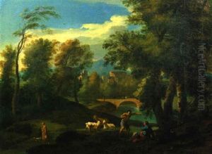 Italienische Flusslandschaft Mit Hirten by Jan Frans van Bloemen