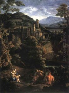 Paesaggio Dei Colli Romani, Cascata E Latona Con I Due Gemelli Che Trasforma In Rane I Contadini Della Licia... by Jan Frans van Bloemen