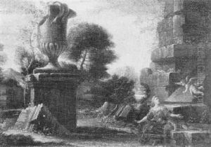 Hagar And Ishmael In A Landscape With Classical Ruins by Jan Frans van Bloemen