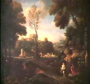 Paysage Avec Une Elegante Femme Et Un Troupeau Dans Le      Lointain