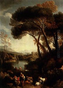 A Classical Landscape With Goatherds Resting Above A River Valley by Jan Frans van Bloemen