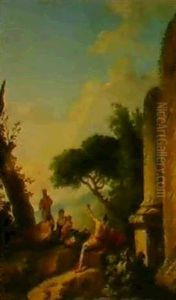 Landscape With Soldiers And Other Figures Beside Classical Ruins. by Jan Frans van Bloemen