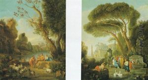 Classical Figures Before A Fountain In An Italianate        Landscape; And Herders Beside A Fountain In An Italianate