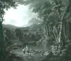 Sudliche Landschaft Mit Reiterin Und Hirten Auf Dem Weg Am Flub Vorn by Jan Frans van Bloemen