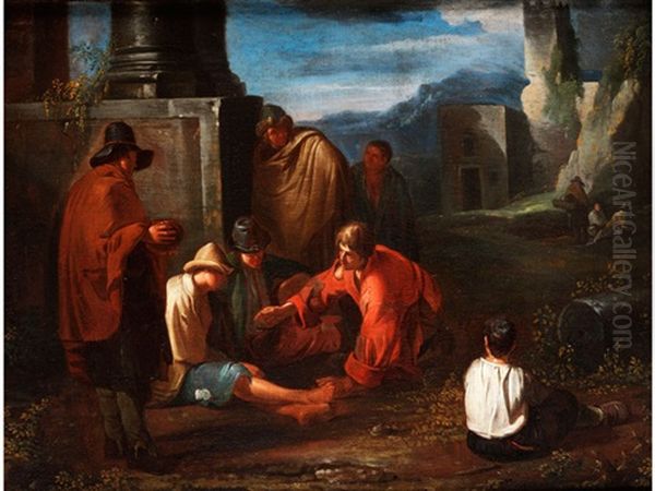 Bambocchianten-gemalde Mit Darstellung Mehrerer Junglinge, Die Am Boden Sitzen Und Mannern In Ruinenlandschaft - view 1