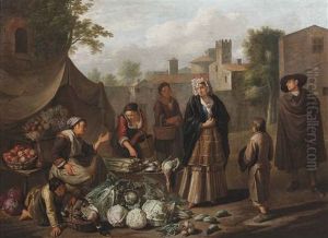An Italianate Market Scene With A Woman Selling Cabbages, Spring Onions, Apples, Pickles, Ducks And Various Other Vegetables And Poultry, A Town View In The Distance by Norbert van (Cefalus) Bloemen