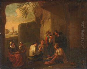 Peasants Playing Cards In A Grotto, Ancient Ruins Beyond by Norbert van (Cefalus) Bloemen