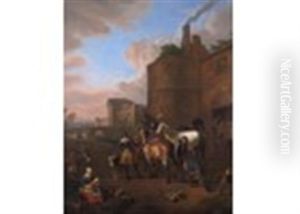 Soldiers With A Blacksmith Shoeing A Horse, A Fort Beyond