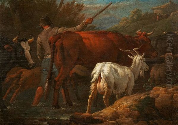 Horses In A Landscape Shepherd With His Flock; Shepherd With His Flock - view 1