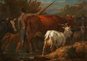 Horses In A Landscape Shepherd With His Flock; Shepherd With His Flock by Pieter van Bloemen