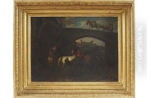 Figures And Horses Under A Low Viaduct By A Forge by Pieter van Bloemen