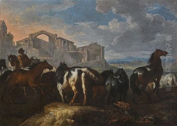 Bauer Mit Pferden In Romischer Ruinenlandschaft - view 1