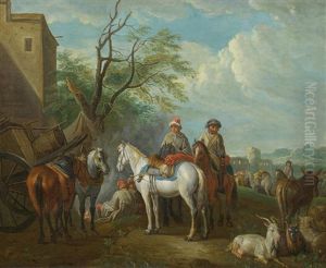 Huntsmen Resting In An Arcadian Landscape by Pieter van Bloemen
