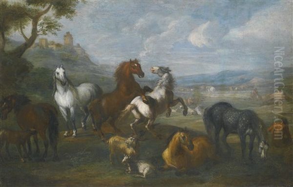 Horses Frolicking In A Roman Pastoral Landscape - view 1