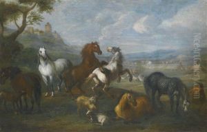 Horses Frolicking In A Roman Pastoral Landscape by Pieter van Bloemen