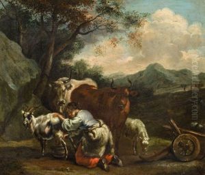 Landschaft Mit Kuhen Und Einer Ziegenmelkenden Hirtin Landschaft Mit Kuhen Und Einer Ziegenmelkenden Hirtin