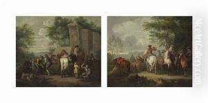 Cavaliers Setting Off On A Journey; And A Military Blacksmith Shoeing Horses By A Ruin (pair)