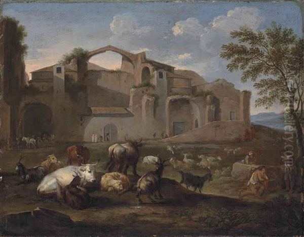 The Baths Of Diocletian, Rome, With Drovers And Their Cattle In The Foreground - view 1