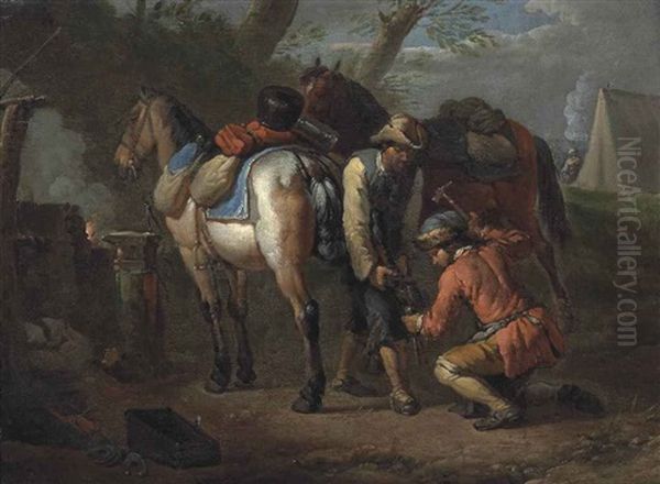 Two Figures Shoeing Horses In A Wooded Landscape, An Encampment Beyond - view 1
