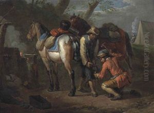 Two Figures Shoeing Horses In A Wooded Landscape, An Encampment Beyond Two Figures Shoeing Horses In A Wooded Landscape, An Encampment Beyond