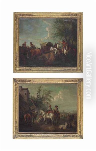 A Farm Wagon With Market Figures And Cattle (+ Horsemen And Other Figures Outside An Inn, A Ruined Castle Beyond; Pair) by Pieter van Bloemen