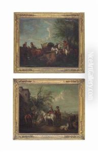 A Farm Wagon With Market Figures And Cattle (+ Horsemen And Other Figures Outside An Inn, A Ruined Castle Beyond; Pair)