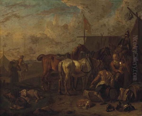 An Encampment With Soldiers And Horses At Rest - view 1