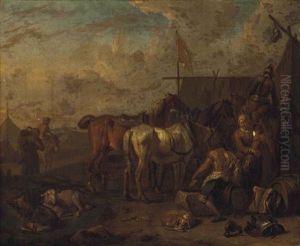 An Encampment With Soldiers And Horses At Rest by Pieter van Bloemen