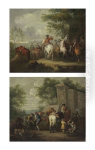 Cavaliers Setting Off On A Journey (+ A Military Blacksmith Shoeing Horses By A Ruin; Pair)