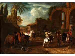 Reitschule Vor Einer Italienischen Stadt Mit Altem Gemauer by Pieter van Bloemen