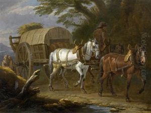 Pferdefuhrwerk Mit Bauersleut Auf Einem Waldweg Pferdefuhrwerk Mit Bauersleut Auf Einem Waldweg