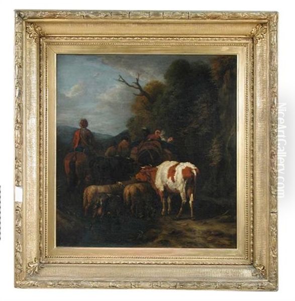 A Drover With Cattle And Sheep On A Track - view 1