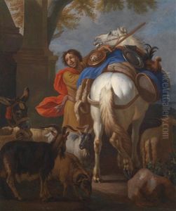 Ein Gewappneter Mit Seinem Pferd Und Ziegen Ein Gewappneter Mit Seinem Pferd Und Ziegen