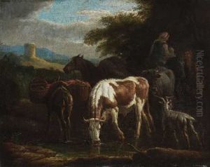 Hirtenfamilie Mit Vieh An Der Tranke by Pieter van Bloemen