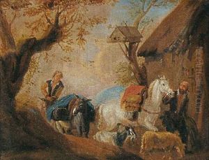 Zwei Bauern Mit Pferd, Eseln Und Ziegen