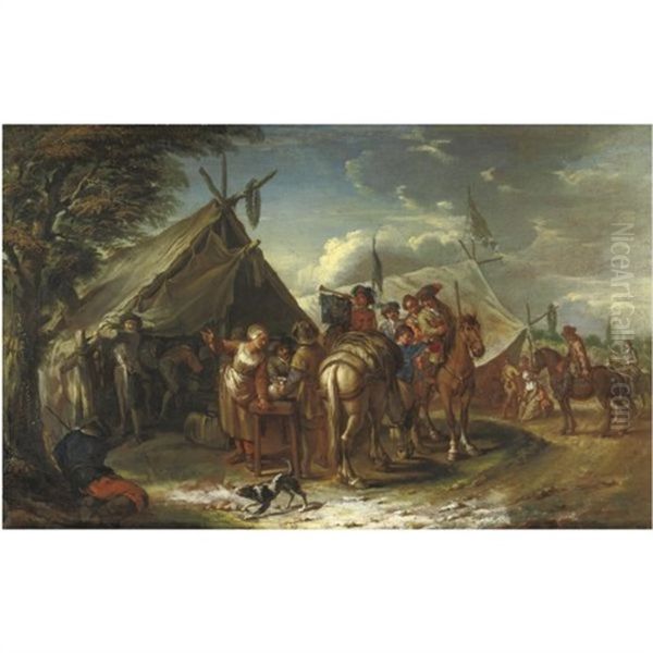 A Military Encampment With A Mounted Trumpeter And Other Horsemen Before A Sutler's Tent - view 1